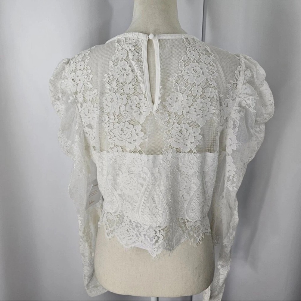 Lulus Women's Ivory Lace Long Puff Sleeve Cropped Blouse Size Medium - Picture 14 of 14